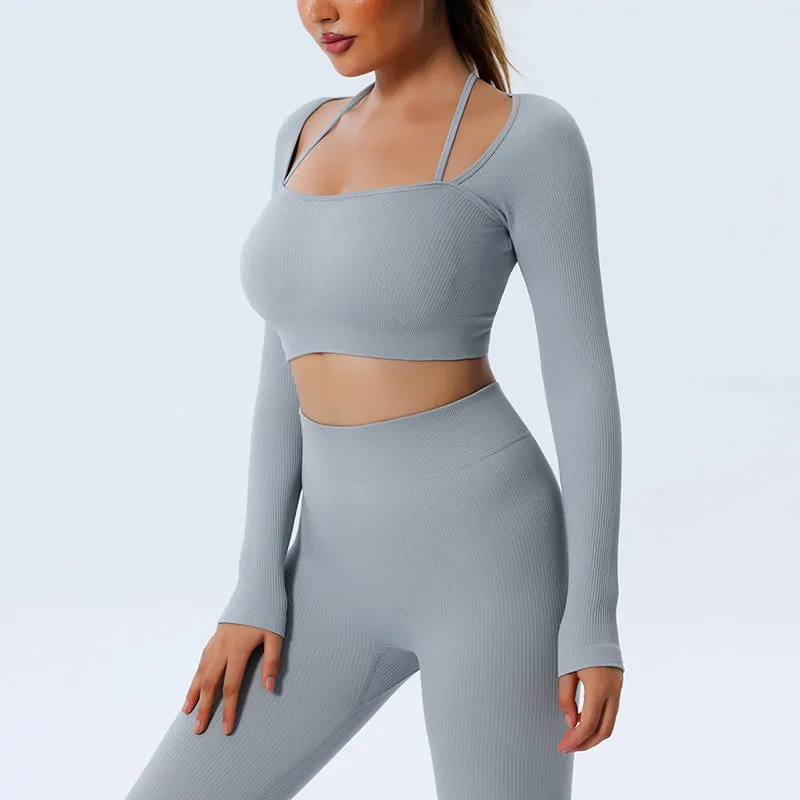 mondmi Ribbed Seamless Long-Sleeve Yoga Set for Women, featuring a Yoga Tank Top and Integrated Yoga Pants, Fitness Leggings B02