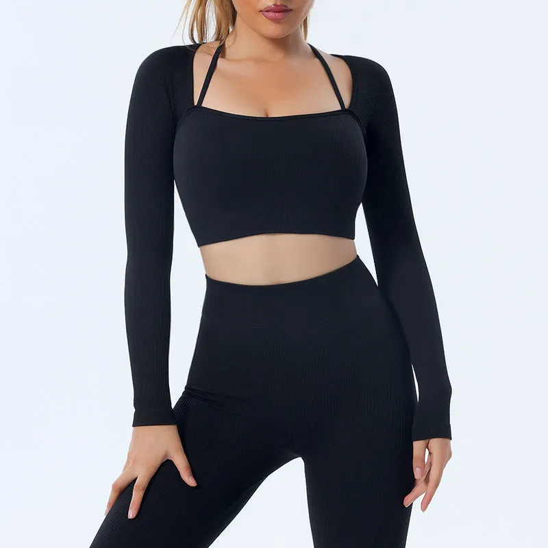 mondmi Ribbed Seamless Long-Sleeve Yoga Set for Women, featuring a Yoga Tank Top and Integrated Yoga Pants, Fitness Leggings B02