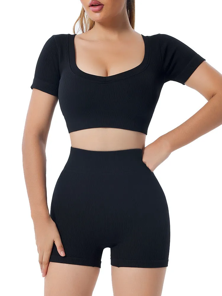 mondmi Ribbed Seamless Long-Sleeve Yoga Set for Women, featuring a Yoga Tank Top and Integrated Yoga Pants, Fitness Leggings B02