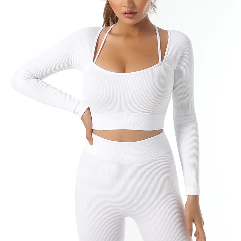 mondmi Ribbed Seamless Long-Sleeve Yoga Set for Women, featuring a Yoga Tank Top and Integrated Yoga Pants, Fitness Leggings B02